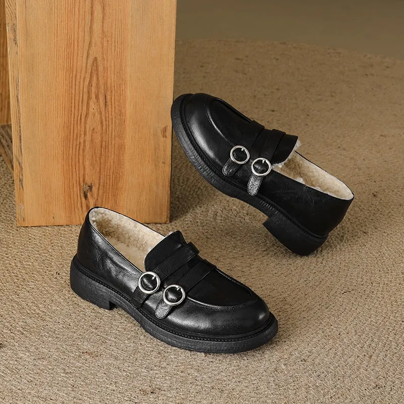Shearling Lined Block Heel Sheepskin Leather Loafers with Double Buckle Design Black/Brown