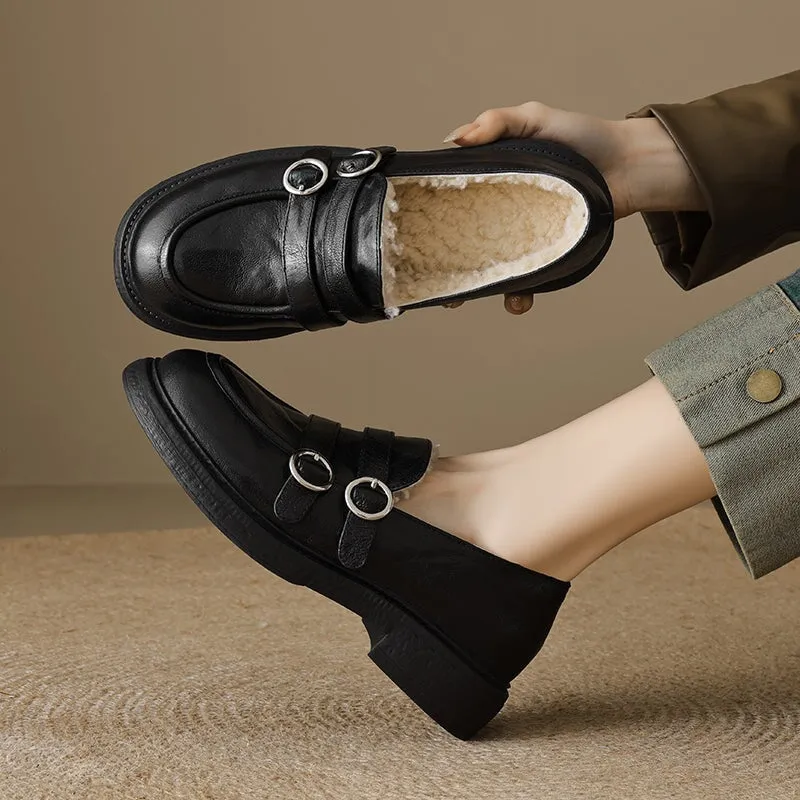 Shearling Lined Block Heel Sheepskin Leather Loafers with Double Buckle Design Black/Brown