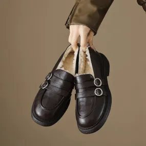 Shearling Lined Block Heel Sheepskin Leather Loafers with Double Buckle Design Black/Brown