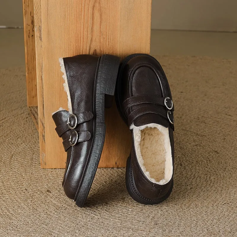Shearling Lined Block Heel Sheepskin Leather Loafers with Double Buckle Design Black/Brown