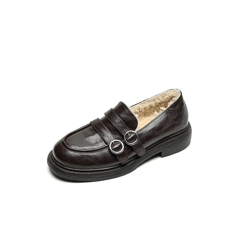 Shearling Lined Block Heel Sheepskin Leather Loafers with Double Buckle Design Black/Brown