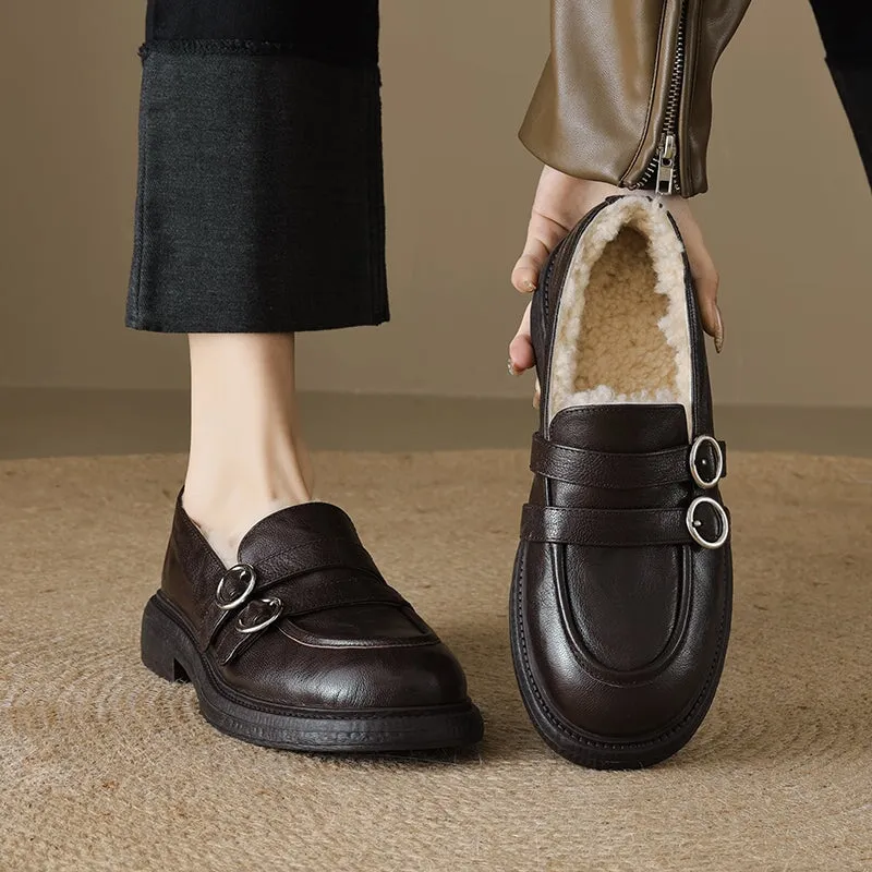 Shearling Lined Block Heel Sheepskin Leather Loafers with Double Buckle Design Black/Brown