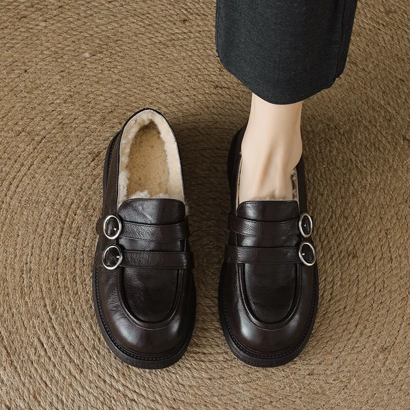 Shearling Lined Block Heel Sheepskin Leather Loafers with Double Buckle Design Black/Brown