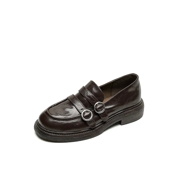 Shearling Lined Block Heel Sheepskin Leather Loafers with Double Buckle Design Black/Brown