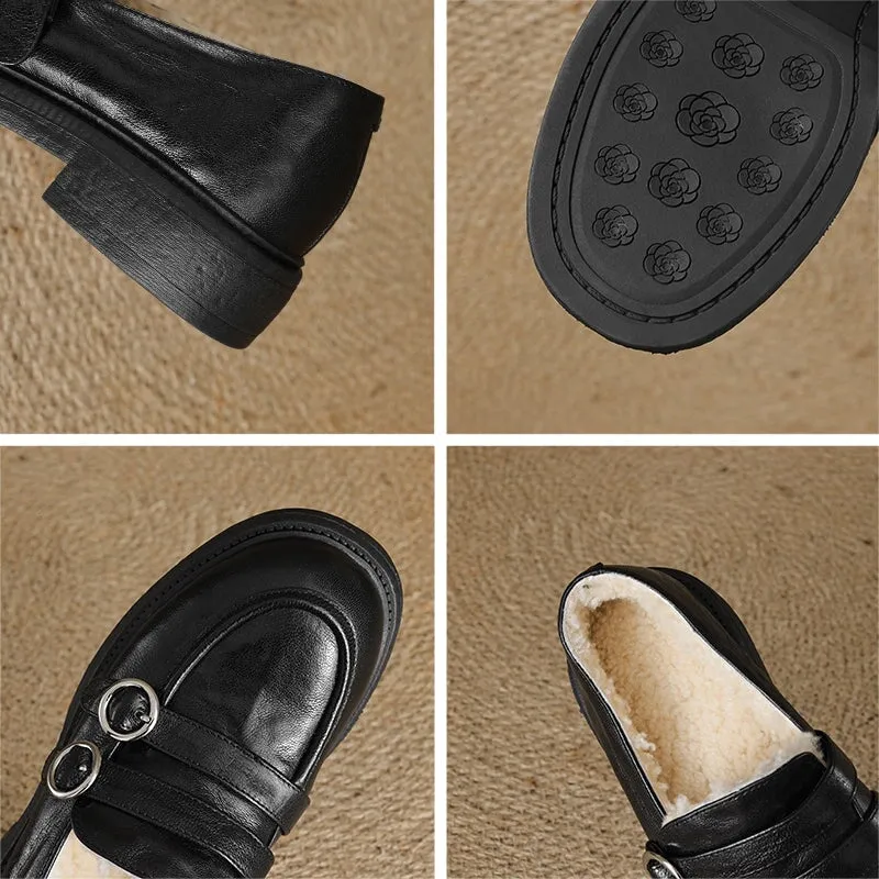 Shearling Lined Block Heel Sheepskin Leather Loafers with Double Buckle Design Black/Brown
