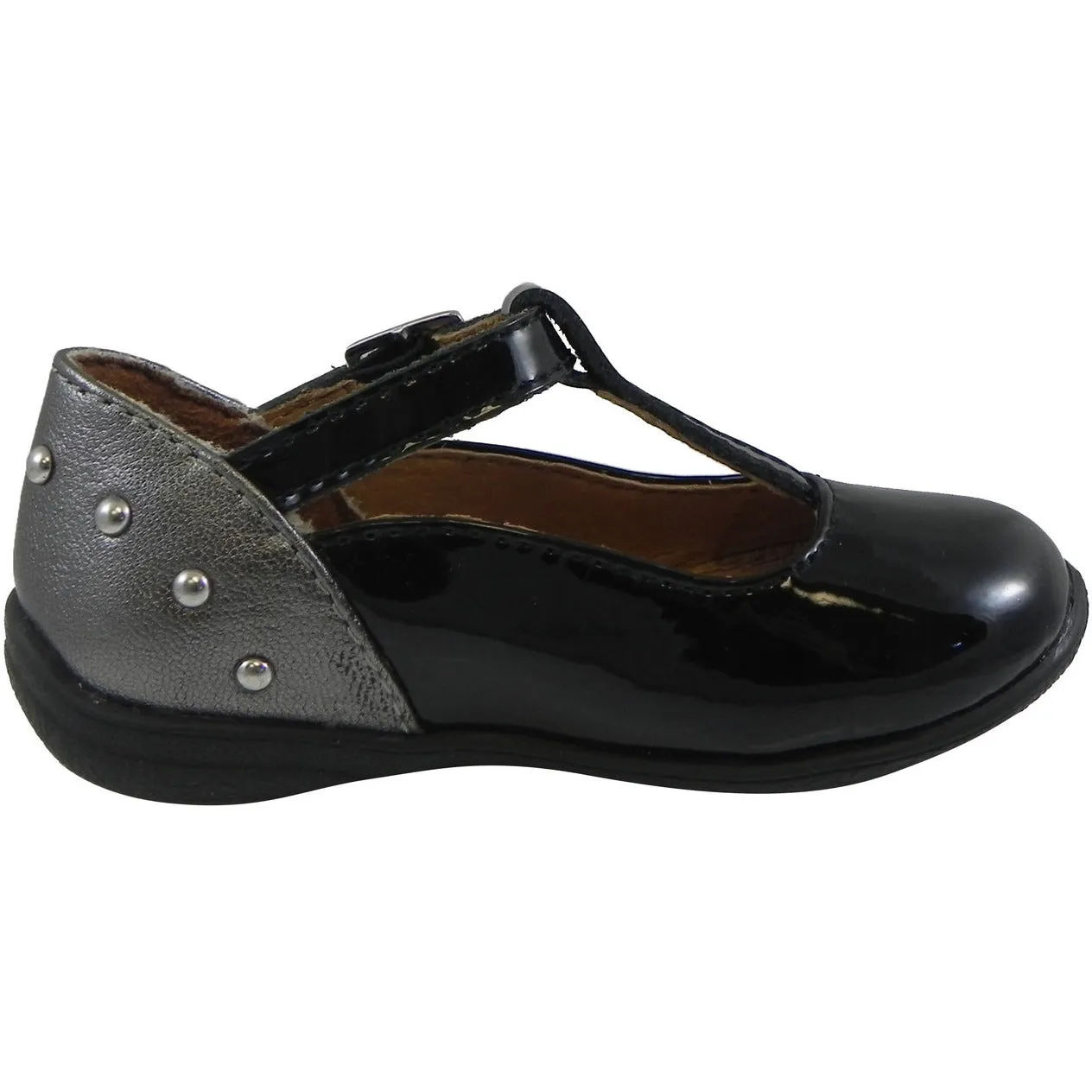 Umi Patent Leather Eleni T-Strap Studded Mary Jane Flats Black