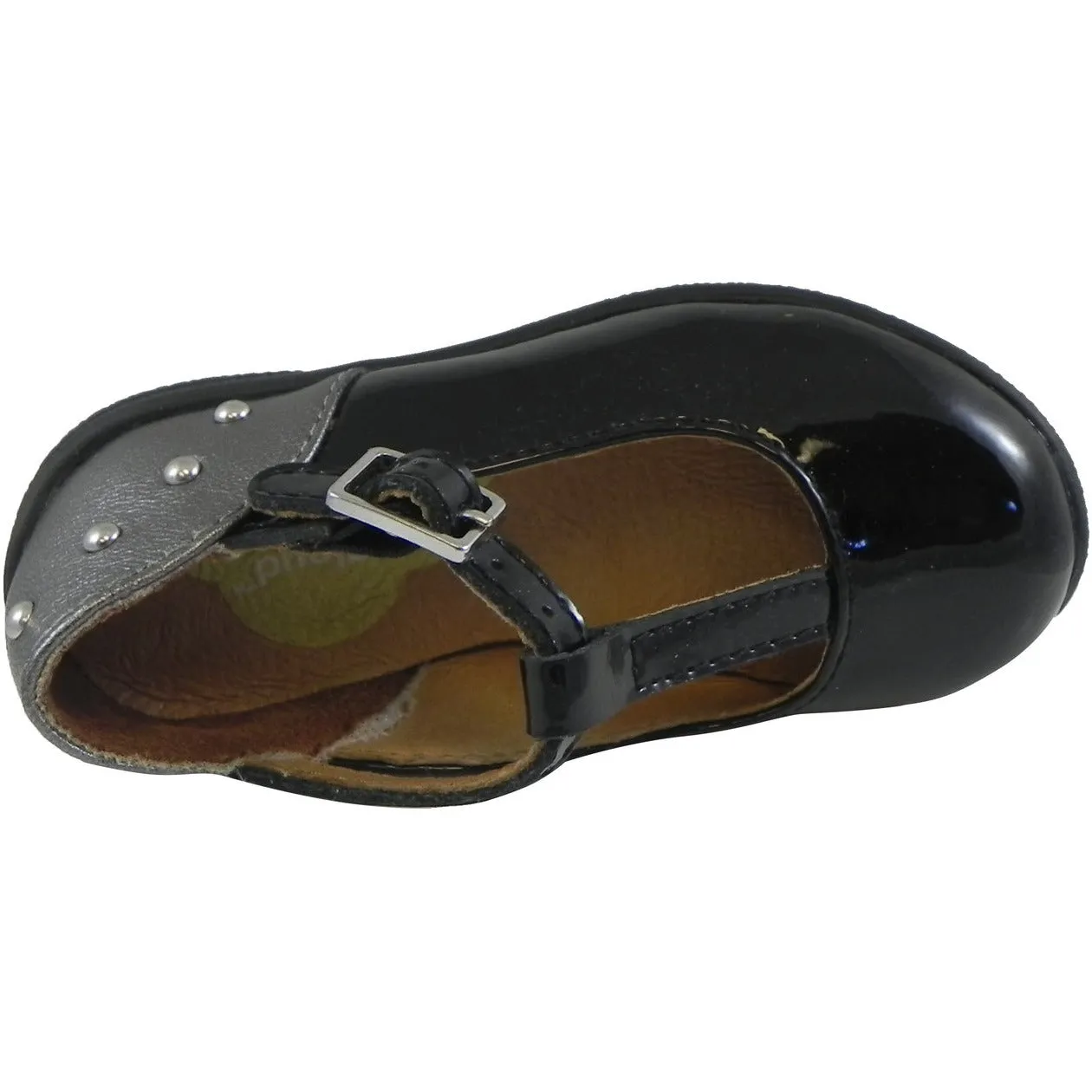 Umi Patent Leather Eleni T-Strap Studded Mary Jane Flats Black