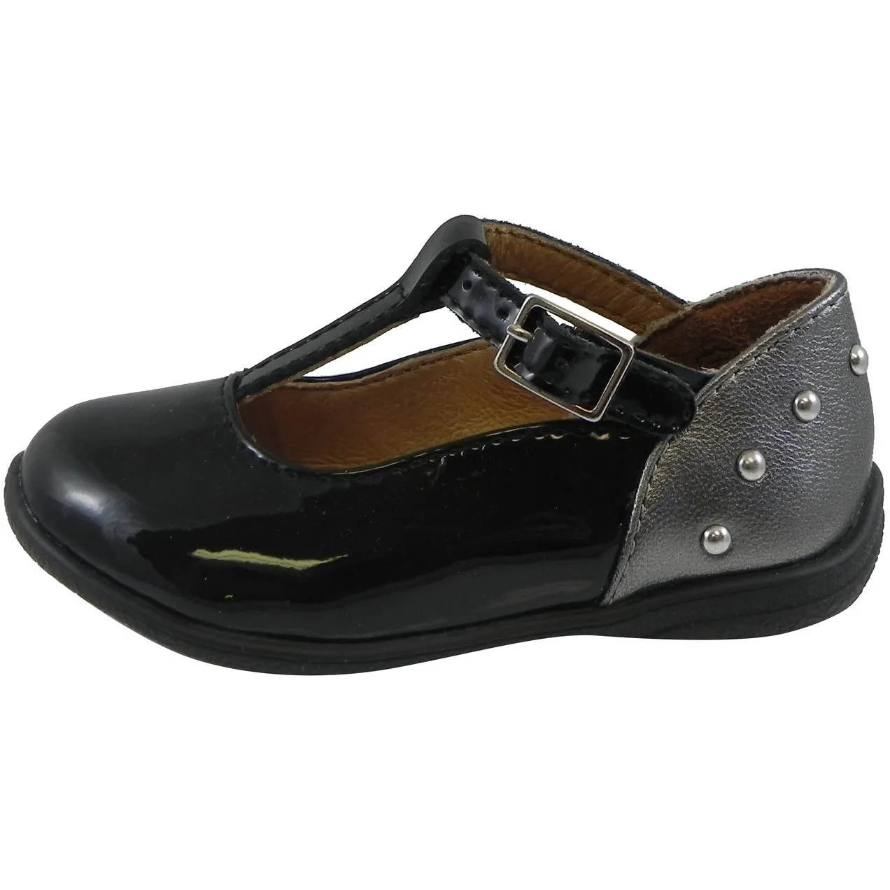 Umi Patent Leather Eleni T-Strap Studded Mary Jane Flats Black