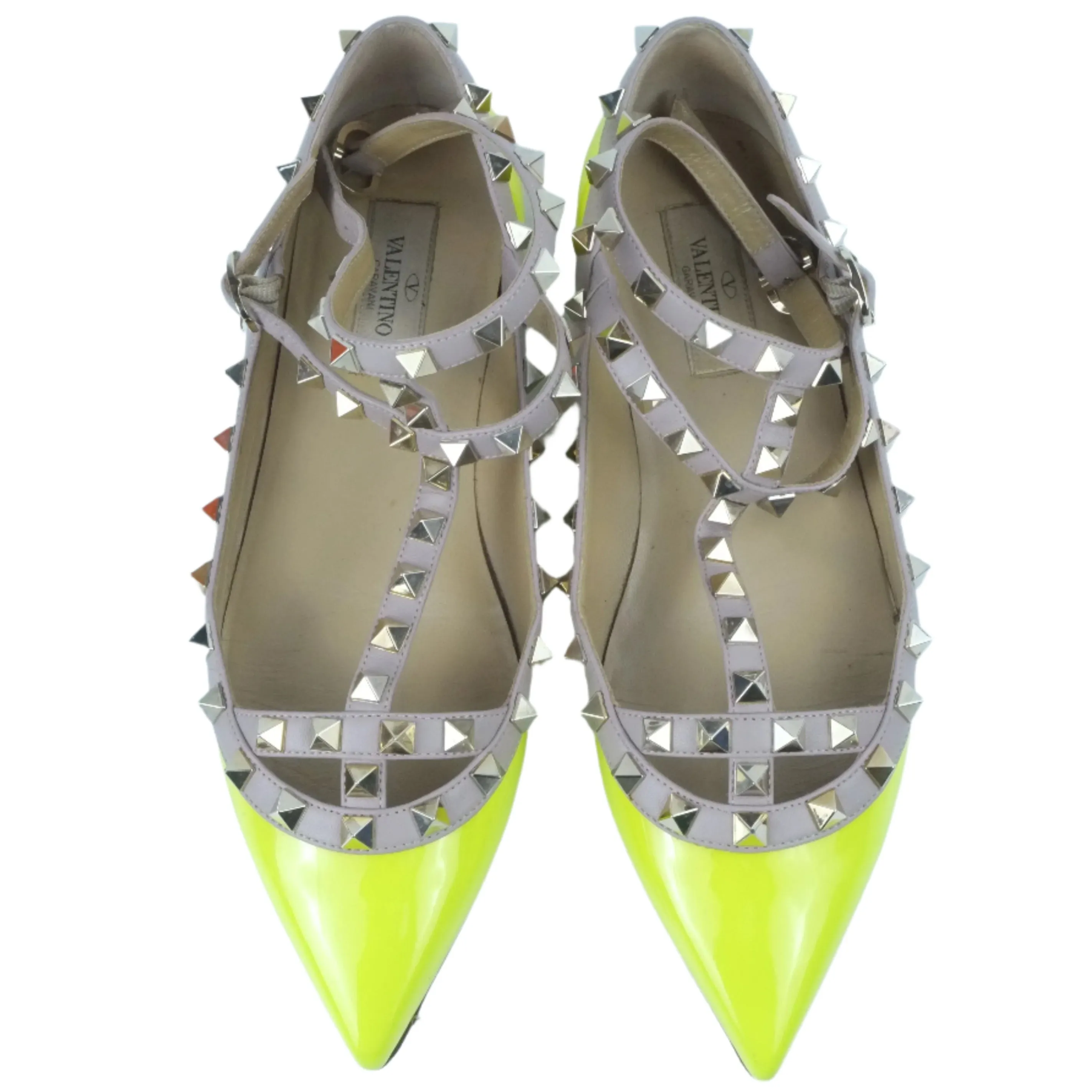 Valentino Flats Rockstud Neon Yellow Patent 37